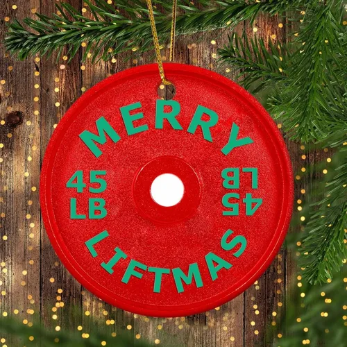 Miniatura 4 de Adorno redondo de cerámica colgante de Navidad, divertido gimnasio con mancuernas blancas de cerámica para colgar recuerdos personalizables