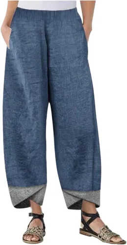 Pantalones capri de algodón y lino para mujer, estilo casual, pantalones cortos vintage con bolsillo, cintura alta, elásticos, pantalones harén