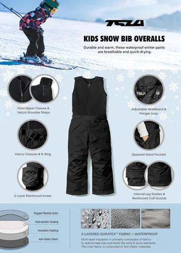 Miniatura 4 de TSLA - Overol con peto invernal para bebés, niñas y niños pequeños, para nieve, snowboard y esquí, de tela antidesgarro Ripstop, impermeable