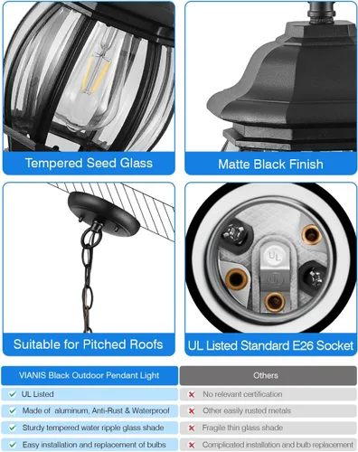 Miniatura 5 de VIANIS Lámpara colgante negra para exteriores, luces exteriores colgantes de aluminio con impermeable, luces de techo al aire libre para porche