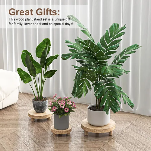 Miniatura 8 de 3 Piezas Soporte de Madera para Plantas Interior Exterior, Elevador Redondo de Madera para Decoración 6/8/10" Taburete de Madera Soporte