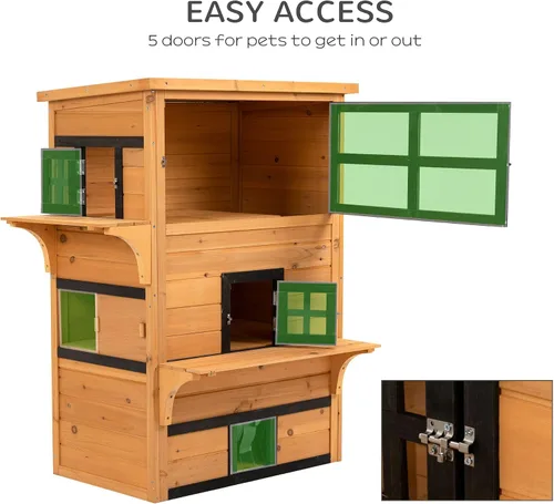 Miniatura 6 de 3-Tier Shelter for Cats: Asphalt Eave, Raised Floor, Escape Exit, Tiered Jump Platforms, Yellow/Black, 38.5x27x48in, Fir Material, Rated for 10lb