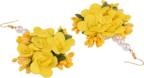Miniatura 6 de Efulgenz Haldi Mehandi Flower Jewelry Set Indian Wedding Handmade Faux Roses Long Necklace Earrings Maang Tikka Bracelet Set Bridal Jewelry for