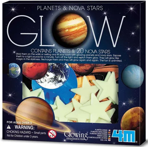 4M: Glow: Planets & Nova Star - 20 adhesivos de pared y techo que brillan en la oscuridad, carga de luz, varios tamaños, pestañas adhesivas,