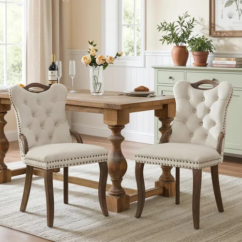Miniatura 58 de SoarFlash Juego de 2 sillas de comedor de tela de lino, sillas de comedor tapizadas con ribete de cabeza de clavo y patas de madera de color claro