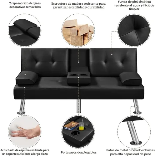 Miniatura 6 de Yaheetech Sofá Cama Convertible Sillón Reclinable Ajustable Moderno de Cuero Sintético Sofá de Dos Plazas Reversible Cama Plegable Tipo Diván