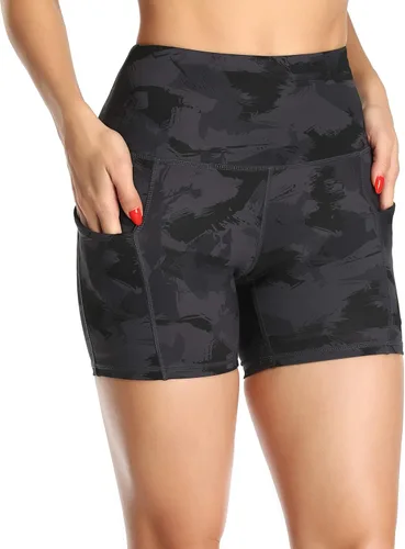Miniatura 3 de Oalka Pantalones cortos de yoga para mujer, con bolsillos laterales, cintura alta, para entrenamiento, correr, deportes, 4 pulgadas