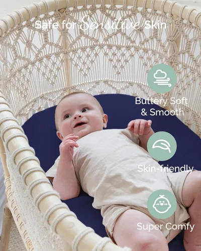 Miniatura 5 de Sábanas bajeras de moisés compatibles con el moisés ovalado SNOO Happiest Baby - Suaves como la mantequilla, comodidad sedosa, sábanas de punto Azul