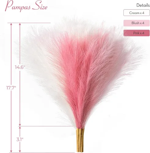Miniatura 5 de Serwalin 12 piezas de hierba de Pampas rosa, decoración de hierba de Pampas falsa rosa de 17.7 pulgadas, hierba de Pampas artificial corta rosa Un