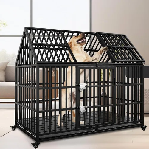 Miniatura 7 de Jaula resistente para perros de 54 pulgadas, jaula para perros gigantes extra grandes con 2 puertas, ruedas con bloqueo, bandejas extraíbles, acceso