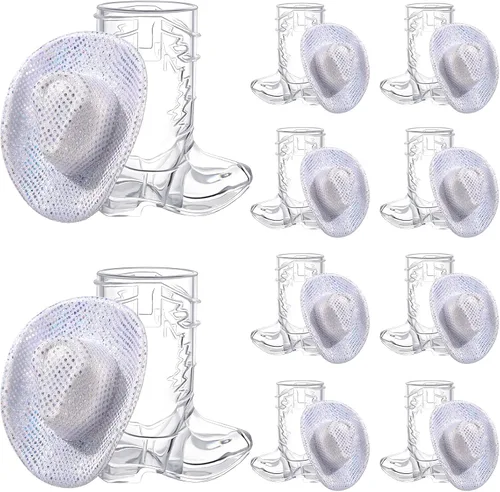 Miniatura 7 de Vesici 20 vasos de tiro de bota de vaquero de 1 onza plateados, mini sombrero de vaquera occidental, decoración de fiesta de despedida de soltera