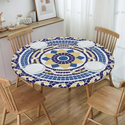 Miniatura 7 de Mantel redondo geométrico azul y blanco con bordes elásticos para mesas de hasta 45 a 50 pulgadas de diámetro
