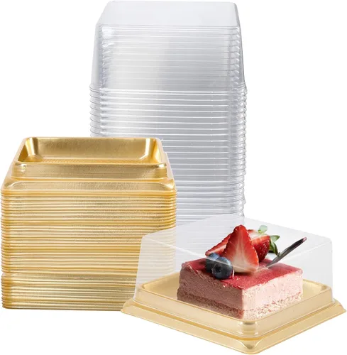Hewnda Paquete de 50 moldes dorados para tartas, fondo de 3 pulgadas x altura de 1-1/2 pulgadas de plástico transparente mini caja para tartas, caja