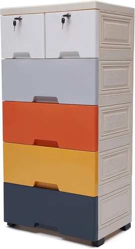 Miniatura 10 de Gabinete de almacenamiento de plástico blanco de 5 niveles con 5 cajones verticales para ropa con ruedas, gabinete de almacenamiento
