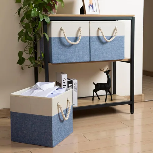 Miniatura 3 de PRANDOM Contenedores plegables grandes de almacenamiento de 13 x 13 pulgadas [paquete de 2] cestas de almacenamiento de tela de lino, cubos con asas