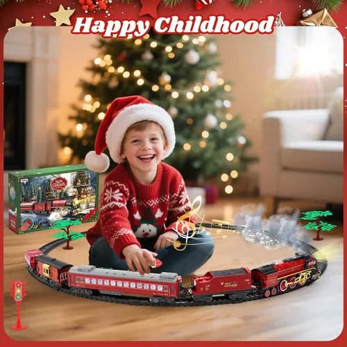 Miniatura 5 de Juego de tren de Navidad para alrededor debajo del árbol, tren eléctrico para árbol de Navidad con control remoto, sonido, humo y luz, locomotora