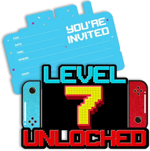 Invitaciones de cumpleaños de videojuegos para niños de 7 años, invitaciones de cumpleaños para niños con purpurina, invitaciones de fiesta de