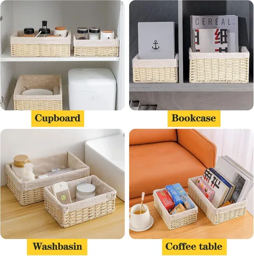 Miniatura 8 de Cesta de almacenamiento tejida de mimbre, organizador de juguetes, botes pequeños para despensa, regalos de dormitorio, estantes vacíos, cubo