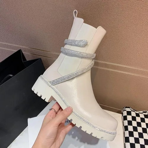 Miniatura 7 de keleimusi Botines de combate Chelsea con adornos de cristal para mujer con lengüetas planas