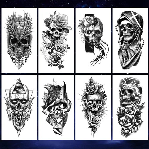 Miniatura 2 de 8 hojas de tatuajes temporales de calavera gótica para adultos, diseño de calavera alada, rosa, parca y ojo falso, arte corporal impermeable