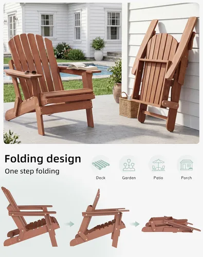 Miniatura 5 de Silla Adirondack plegable de madera de gran tamaño con respaldo y tablero de asiento premontados, silla de descanso para patio al aire libre, Marrón