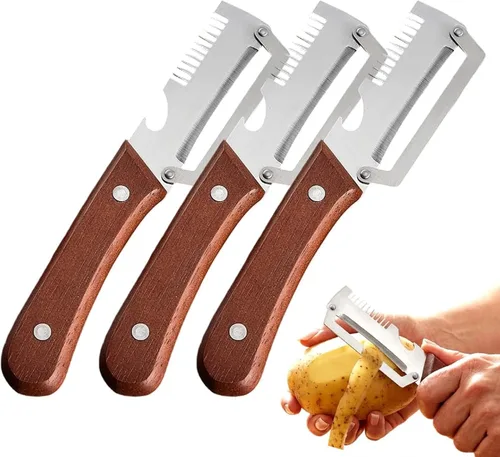 Miniatura 11 de Ktchen - Pelador de verduras multifuncional 2026, cuchillo pelador de frutas grueso de acero inoxidable multifunción con mango de madera, 3-1