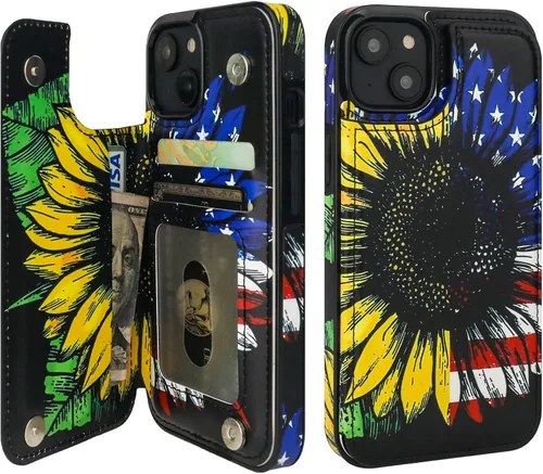 HAOPINSH Funda tipo cartera para iPhone 13 con tarjetero y diseño de girasoles de bandera americana, tapa trasera, de piel sintética, con ranuras