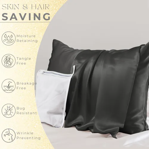 Miniatura 3 de PROMEED Funda de almohada de seda negra de grado 6A+ con cremallera, 23 fundas de almohada de seda de morera natural Momme para cabello y piel, Negro
