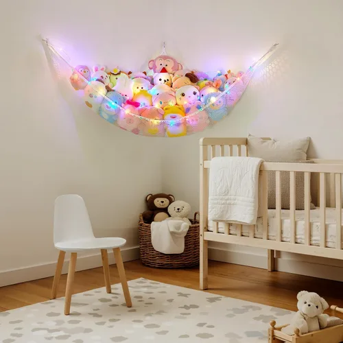 Miniatura 5 de Basumee Hamaca de animales de peluche con luz LED, organizador de red de juguetes de peluche, organizador de esquina para almacenamiento de animales