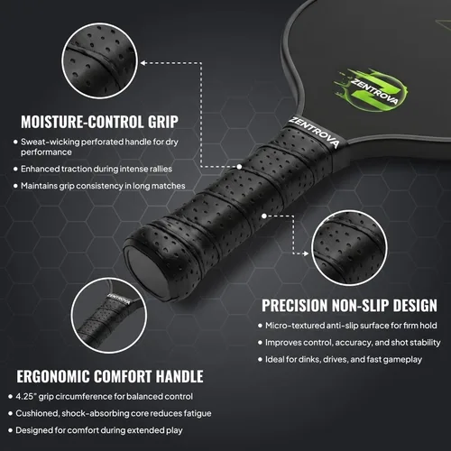 Miniatura 4 de ZENTROVA - Pala de pickleball de fibra de carbono – Superficie de carbono crudo T700, núcleo de panal de polipropileno de 0.630 in, giro y control
