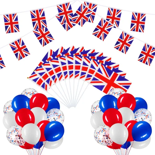 Lenwen 54 banderines británicos del 4 de julio, banderines de bandera británica, globos de látex rojos, blancos y azules con globos de confeti,