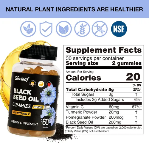 Miniatura 7 de Gomitas de aceite de semilla negra con cúrcuma y granada Suplemento antioxidante de 200 mg para apoyo inmunológico, salud de la piel y el corazón