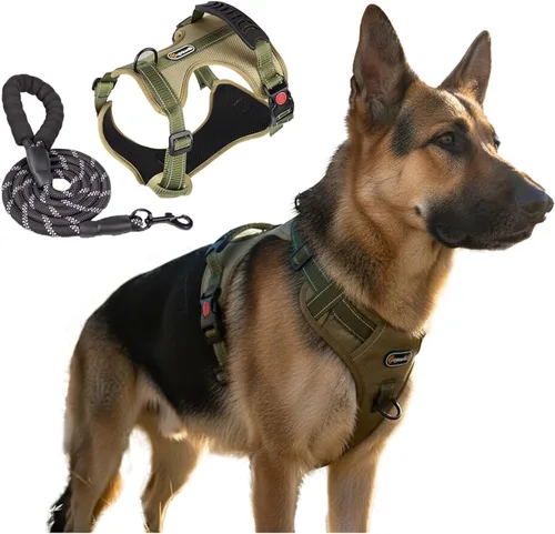 Miniatura 11 de Arnés táctico para perro de tamaño M sin tirones, con asa y ribete reflectante, arnés ajustable para el pecho con clips de correa delantera y Caqui