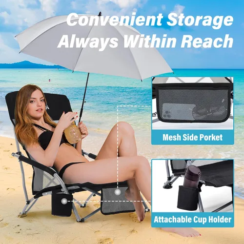 Miniatura 3 de Homcosan Silla de playa portátil baja plegable con paraguas desmontable, silla de campamento ligera para adultos con portavasos y bolsillo
