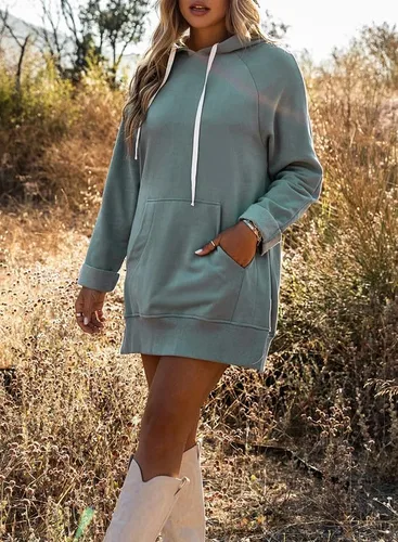 Miniatura 8 de SHEWIN Sudadera de gran tamaño para mujer, manga larga, dobladillo dividido, con bolsillo tipo canguro