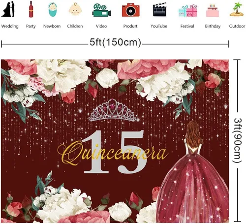 Miniatura 2 de Telón de fondo de feliz cumpleaños 15 para niña, quinceañera, 5 x 3 pies, corona de flores rojas burdeos, corona, princesa, decoración de fiesta