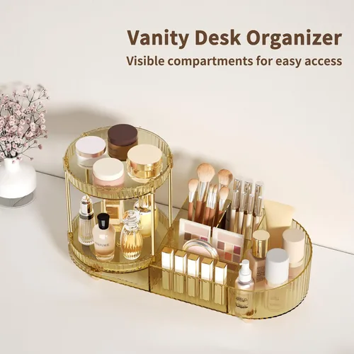 Miniatura 5 de Organizador de maquillaje giratorio para tocador, 2 bandejas de perfume con 5 compartimentos, almacenamiento de cosméticos y cuidado de la piel