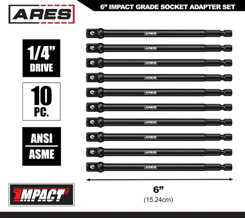 Miniatura 2 de ARES 70388-Juego de adaptadores de enchufe de grado de impacto de 6 pulgadas, 10 piezas, 3/8 pulgadas, extensiones convierten el taladro eléctrico