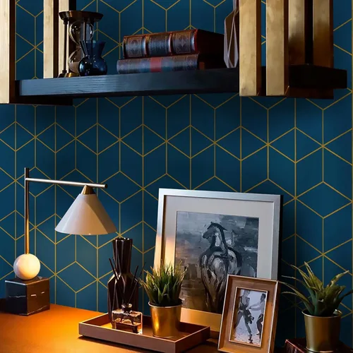 Miniatura 3 de Safiyya Papel tapiz geométrico azul y dorado, autoadhesivo, extraíble, impermeable, para paredes, rollo de vinilo de 118 x 17.3 pulgadas
