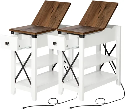 Miniatura 10 de Awescuti - Mesa auxiliar estrecha con estación de carga - Juego de mesas de pie de granja delgadas, set de 2, con puertos USB y tomas de corriente