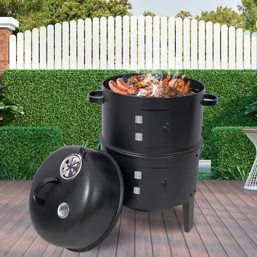 Miniatura 8 de Ahumador vertical de carbón de 16 pulgadas, mini parrilla de barbacoa, hoguera, 3 en 1 con termómetro integrado, ventilación de aire ajustable