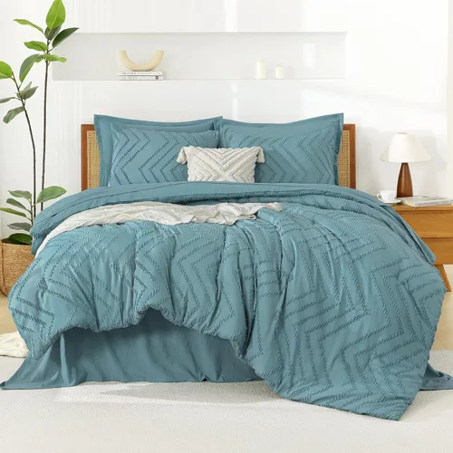 Miniatura 12 de Litanika Juego de ropa de cama con edredón tamaño King con sábanas beige - Juego de 7 piezas en una bolsa, diseño King Chevron copetudo bohemio