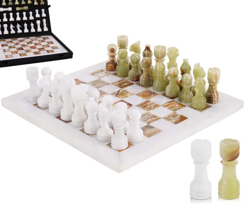 Miniatura 13 de Juego de ajedrez de mármol de 12 pulgadas hecho a mano coral y marrón oscuro con caja de almacenamiento, juego de ajedrez de viaje clásico
