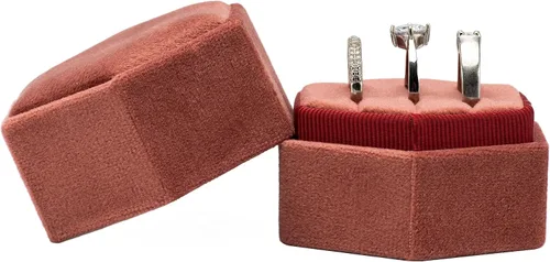 Miniatura 2 de Giftop Caja de terciopelo hexagonal igual para anillos, 3 ranuras para ceremonia de boda, propuesta, compromiso, cumpleaños (rosa polvoriento)