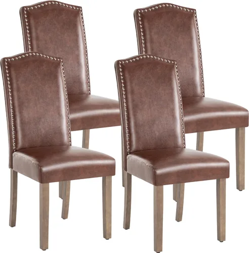 Miniatura 11 de Silla de comedor tapizada moderna y elegante Parsons con respaldo alto con ribete plateado de cabeza de clavo y patas de madera, juego de 4, piel