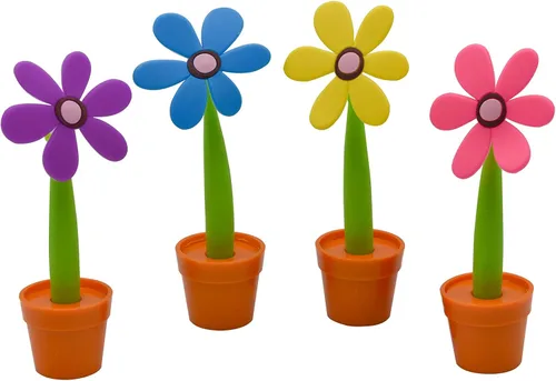 Maydahui Juego de 4 bolígrafos de flores con soporte para macetas en el escritorio, bonito diseño creativo colorido para fiesta de estudiantes, día