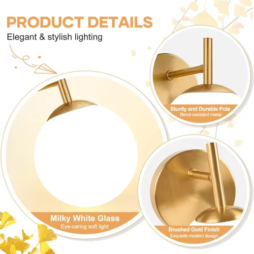 Miniatura 3 de Juego de dos apliques de pared dorados, paquete de 2 lámparas de baño de oro cepillado con vidrio de globo blanco lechoso, apliques modernos