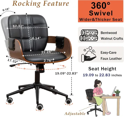 Miniatura 2 de Silla de escritorio de oficina en casa con ruedas giratorias, artesanía de nogal, respaldo y brazos curvos ergonómicos, piel sintética, altura Nogal