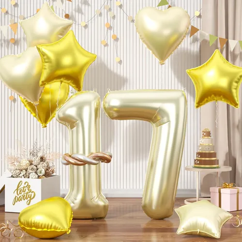 Miniatura 73 de Globos dorados de color champán con el número 11, globos de oro claro, globo de aluminio dorado con forma de corazón con estrella y globo largo