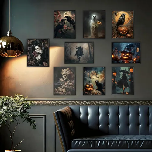 Miniatura 5 de ARKZSHO Juego de 9 impresiones en lienzo para pared de Halloween, pintura oscura de academia, pintura estética gótica espeluznante para galería